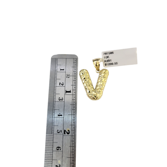 Real 10k Yellow Gold Nugget V Initial Alphabet Charm Pendant 10KT