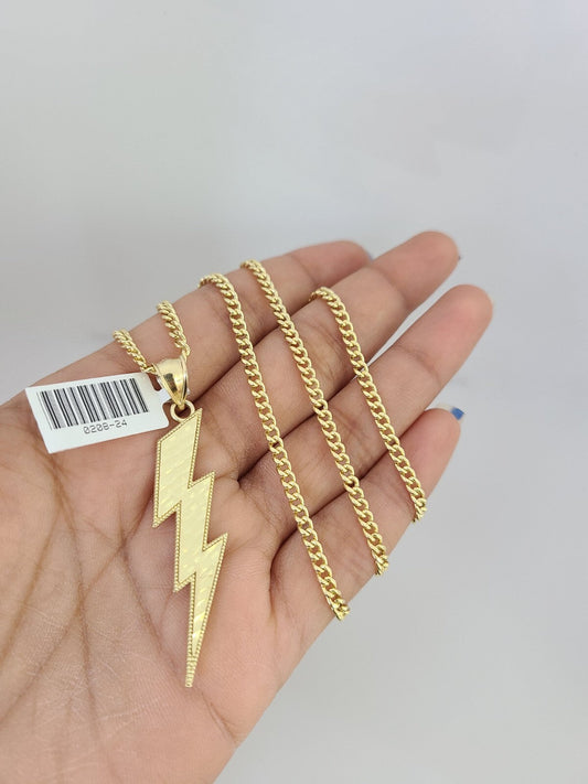 10k Gold Miami Cuban Chain Lightning Charm Pendant 3mm 18-28in Necklace Set