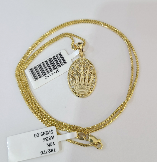 10kt Franco Chain Necklace King Crown Charm Pendant 1mm 16-22 Inches Ladies Gold