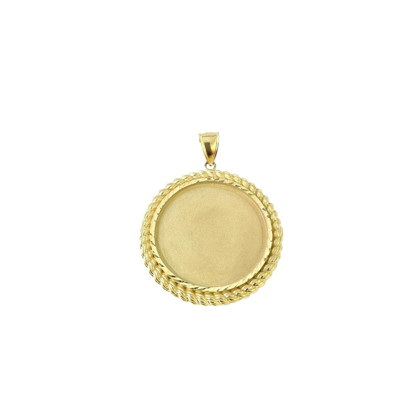 10K Gold Photo Frame Pendant Charm Round Rope Edge Mens Diamond Cut Style