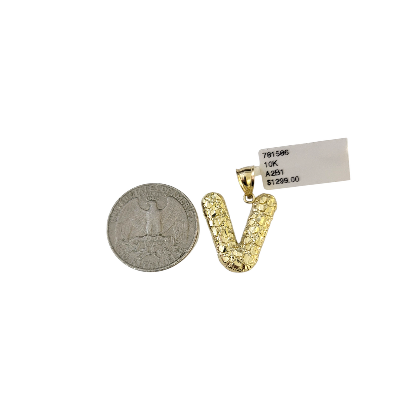 Real 10k Yellow Gold Nugget V Initial Alphabet Charm Pendant 10KT