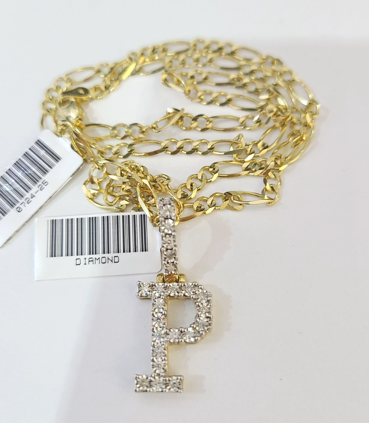10k Gold Figaro Chain P Diamond Initial Pendant 3mm 20-28 inch SET Necklace