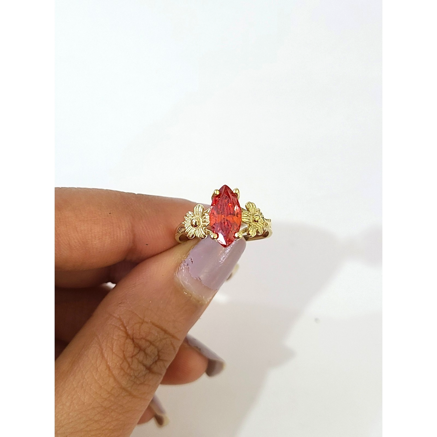 10k Gold Floral Ring Orange Marquise CZ Stone Statement Ladies Statement