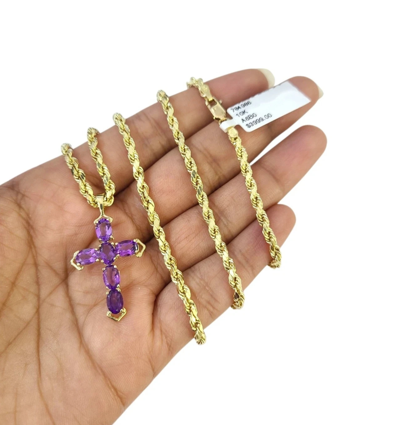 10K Yellow Gold 3mm Rope Chain Purple CZ Cross Pendant Necklace Set 18"-28"