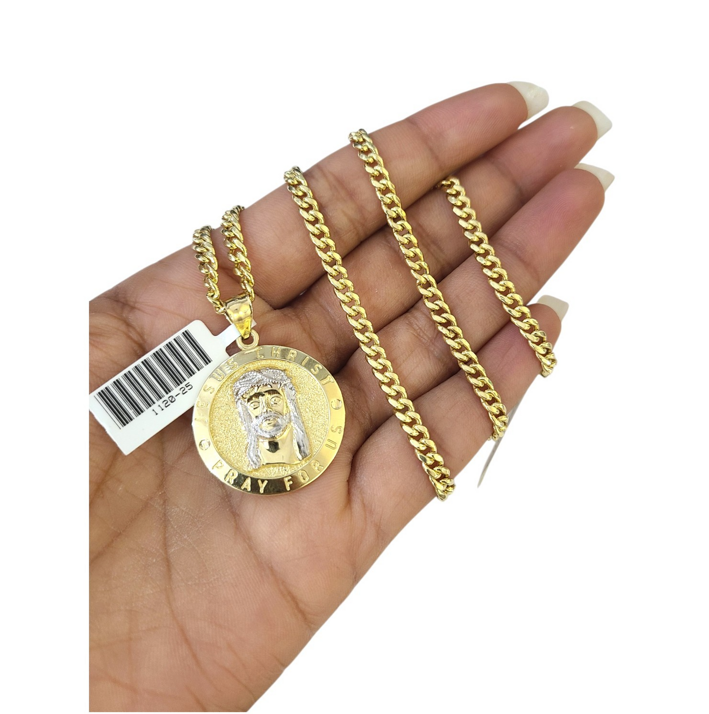 10K Gold Miami Cuban Chain Jesus Christ Charm 18"-24" 2mm Pendant Necklace SET