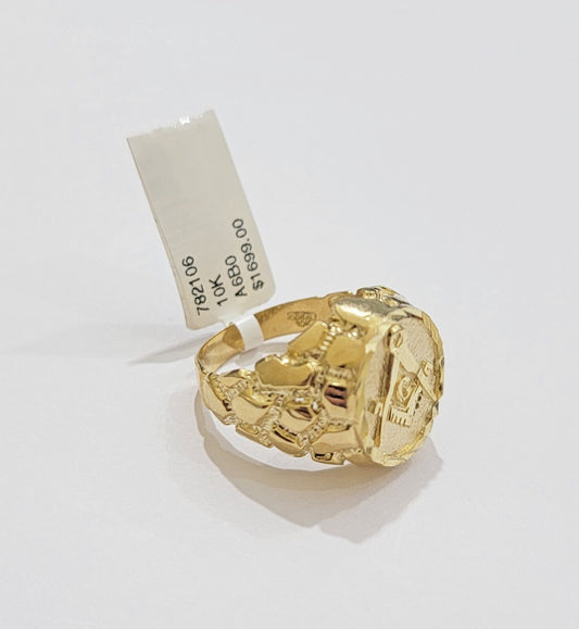Real 10k Yellow Gold Masonic Ring Mens Nugget Band Round Shape Pinky Casual Ring