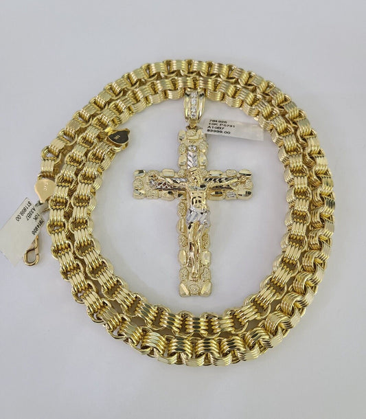 10k Gold Byzantine Chain Necklace Nugget Cross Pendant Charm SET 20"-30" 7.5mm