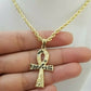 REAL 10k Yellow Gold Rope Chain Ankh Cross Charm Pendant 3mm Necklace Set 16-28"