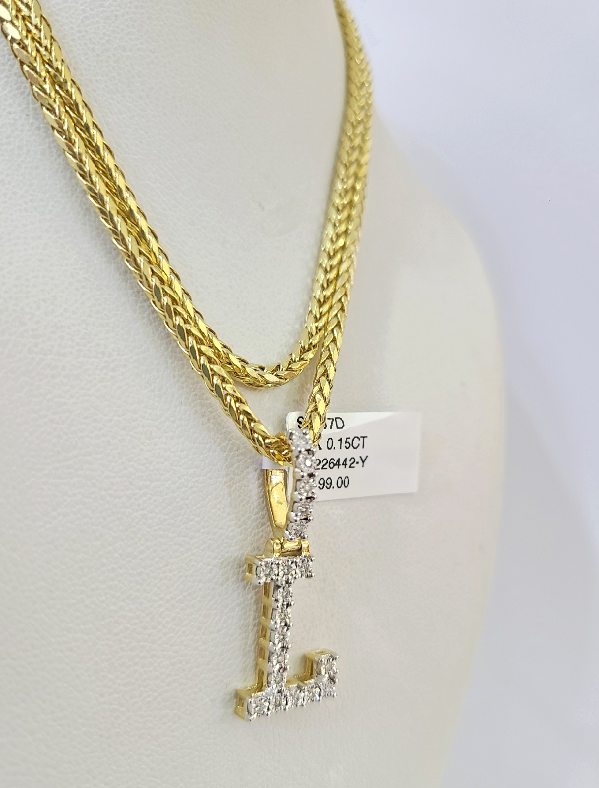 REAL 10k Yellow Gold Palm Chain L Diamond Initial Pendant Charm 3mm SET Necklace