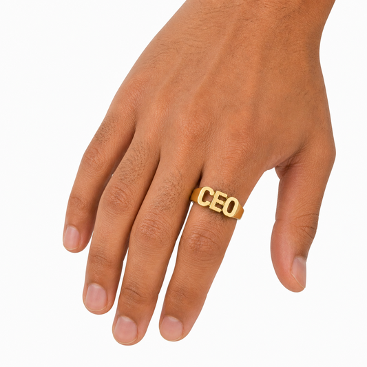 Real 10K Gold CEO Ring Mens Letter Band Bold Statement Hip Hop Design