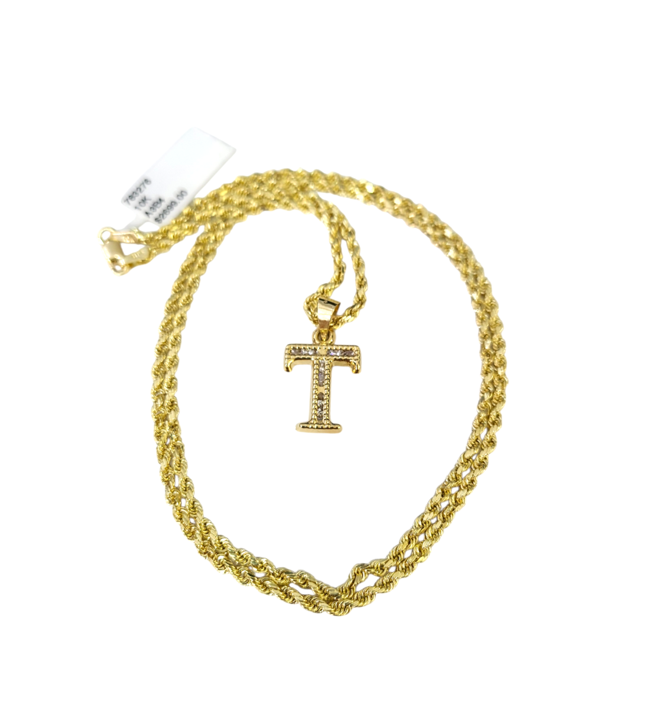 10k 2.5mm Rope Chain T Initial Alphabet Pendant 16"-28" Gold Set Charm Necklace