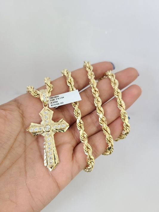 10kt Gold Rope Chain Jesus Cross Charm Set 18"-30'' Inch 6mm Necklace Pendant
