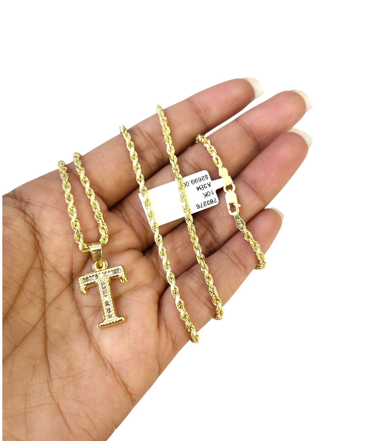 10k 2.5mm Rope Chain T Initial Alphabet Pendant 16"-28" Gold Set Charm Necklace