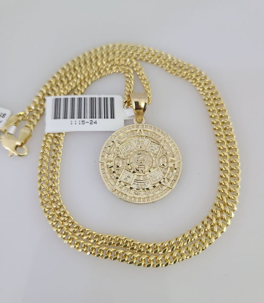 10k Gold Miami Cuban Chain Mayan Calendar Charm Pendant 3mm 18-28 Inch Necklace