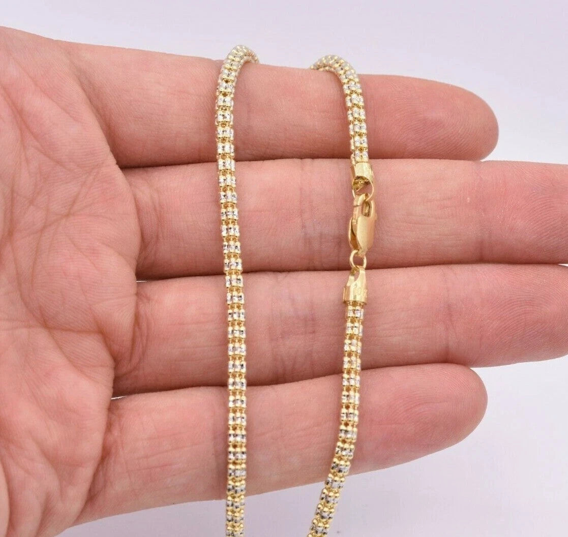 10K Yellow White Gold Two Tone 3mm Diamond Cut Ice Bead Link Bracelet 8 Inches