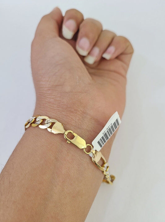 10k Yellow Gold Figaro Link Bracelet Solid 8" Inch Diamond Cuts REAL 6mm