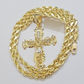Real 14k Yellow Gold Cross pendant & Rope Chain Necklace 5mm 22" SET Charm Men's