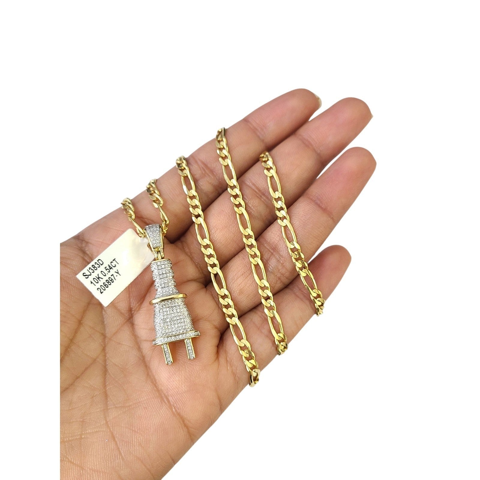 10k Solid Figaro Chain Plug Diamond Charm Necklace SET 4mm 22" Pendant