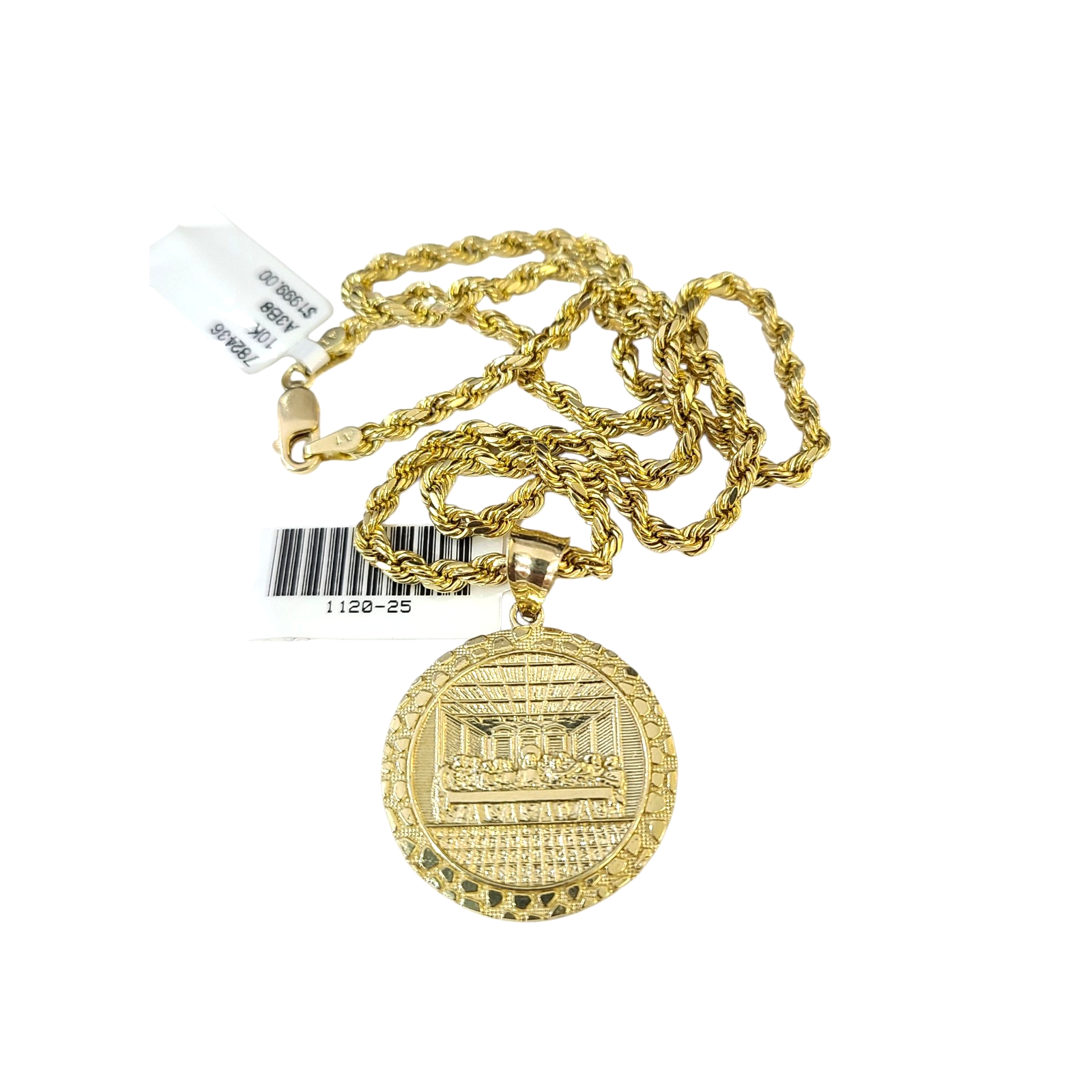 10k Rope Chain Nugget Last Supper Charm Necklace Pendant Set 2mm 18"-24" Gold