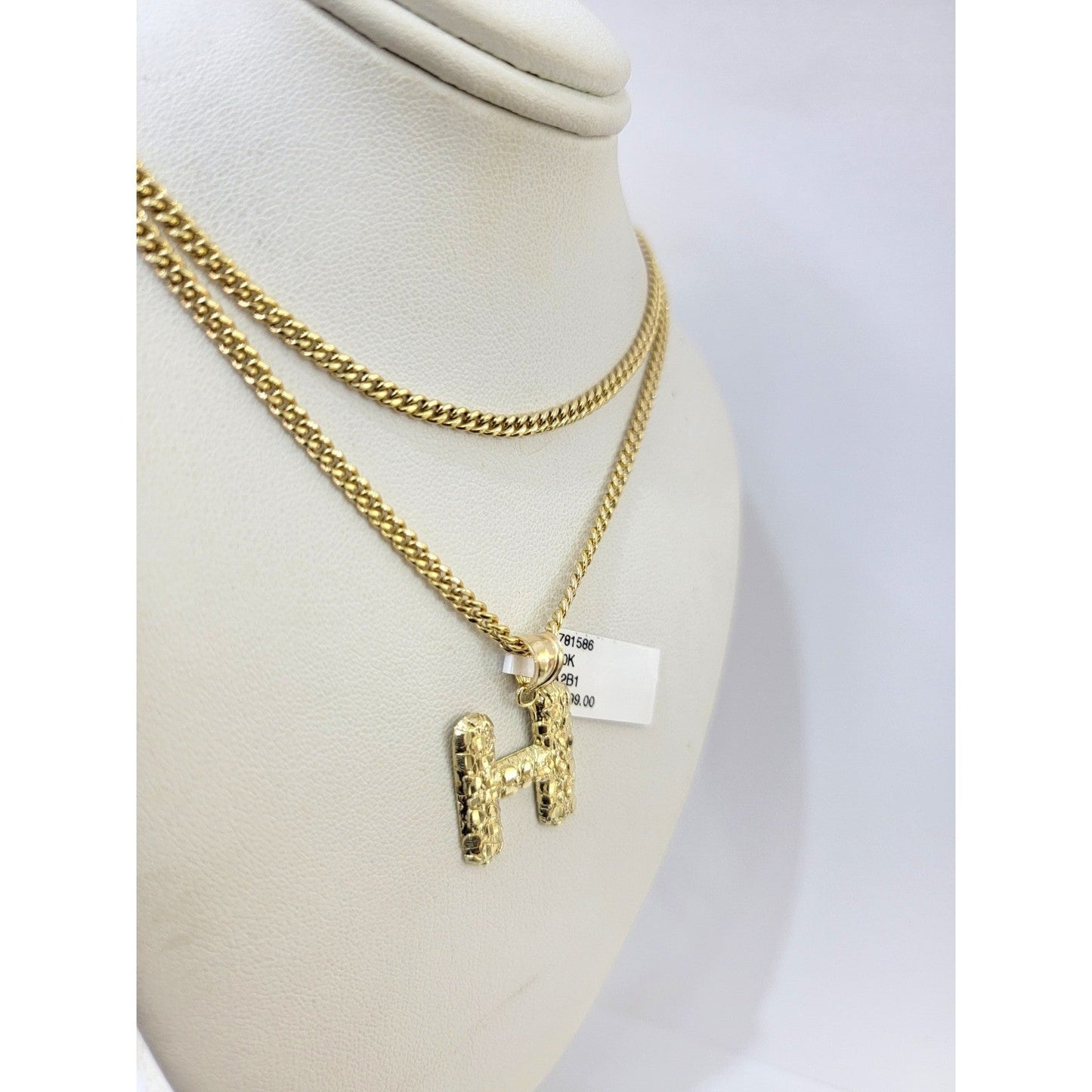 10k Real Gold Miami Cuban Link Chain H Initial Charm Pendant 2.5mm SET Necklace