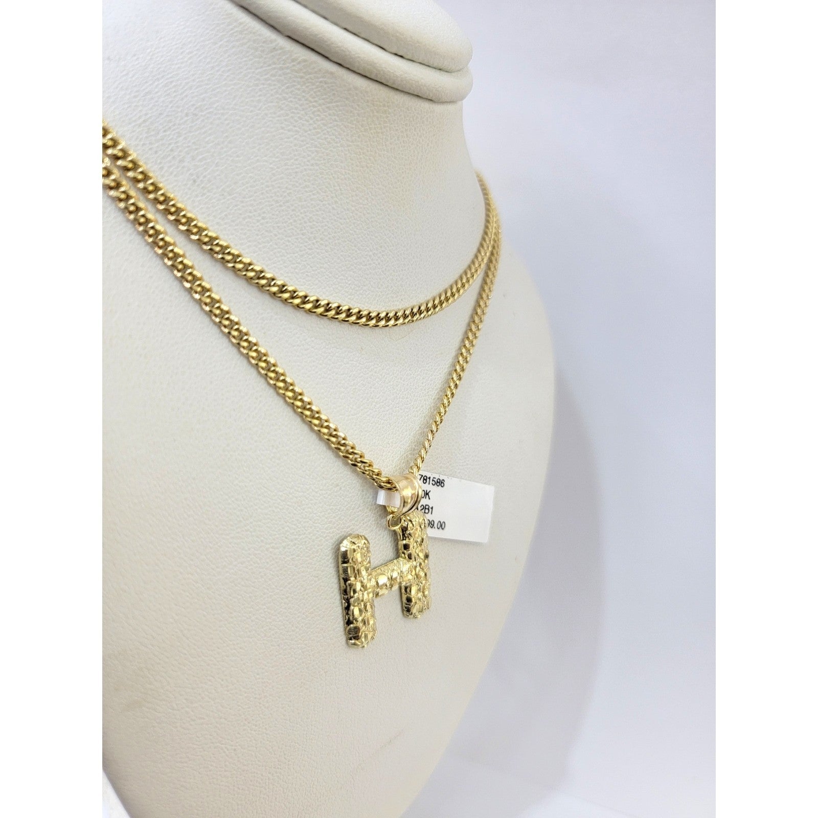 10k Real Gold Miami Cuban Link Chain H Initial Charm Pendant 2.5mm SET Necklace