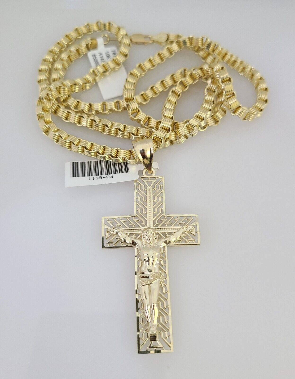 Real 10k Gold Byzantine Necklace Jesus Cross Charm SET Chain 20"-30" 4mm