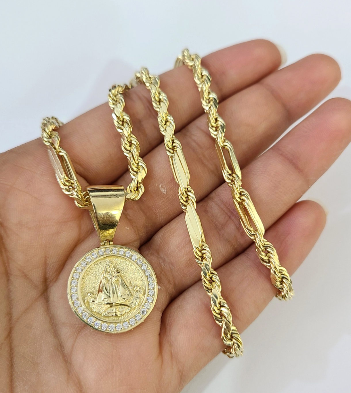 10k Gold Milano Rope Chain Virgin Mary Charm Necklace SET 4mm 18"-28" Pendant