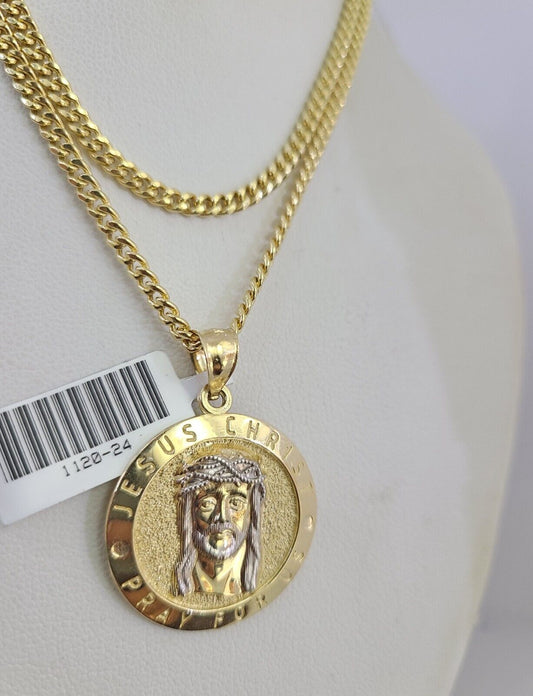10k Gold Miami Cuban Chain Jesus Christ Charm Pendant 3mm 18-28 Inch Necklace