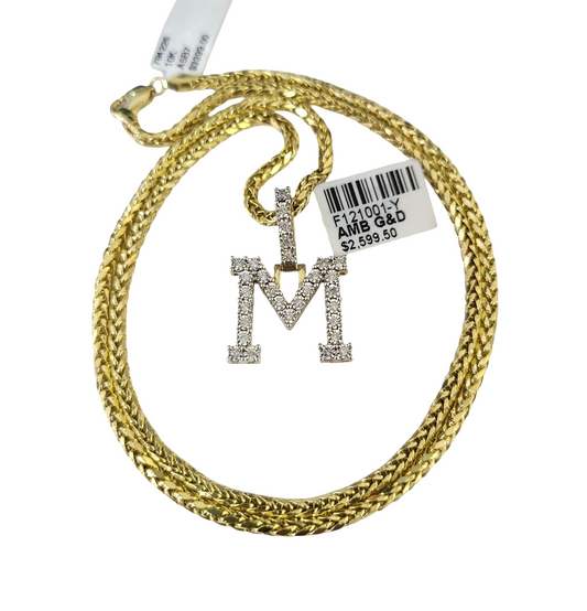 REAL 10k Yellow Gold Palm Chain M Diamond Initial Pendant Charm 3mm SET Necklace