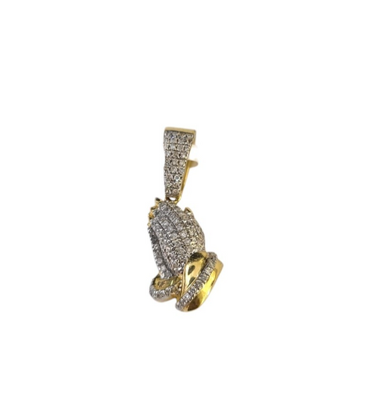 Real 10k Yellow Gold Praying Hands Diamond Charm Pendant 1'' inch Genuine 10kt