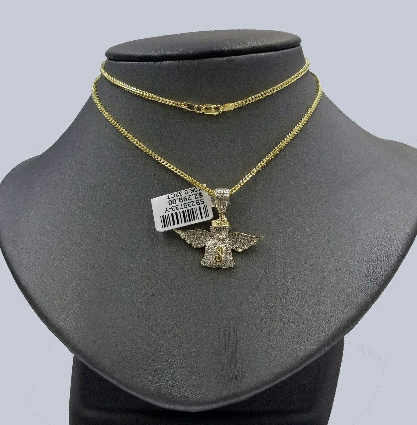 REAL 10k Yellow Gold Diamond Angel Wing Dollar Bag Pendant 3mm 22" Franco Chain