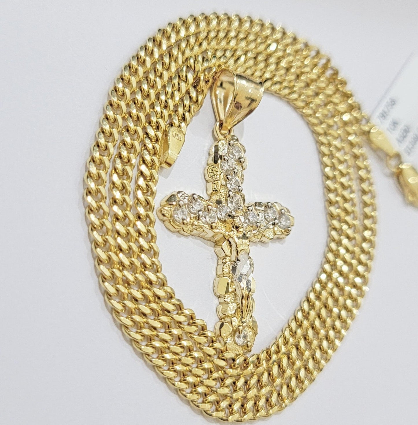 Real 10k Gold Jesus Cross Charm Chain Set Miami Cuban Link Necklace 2.5mm 18-26"