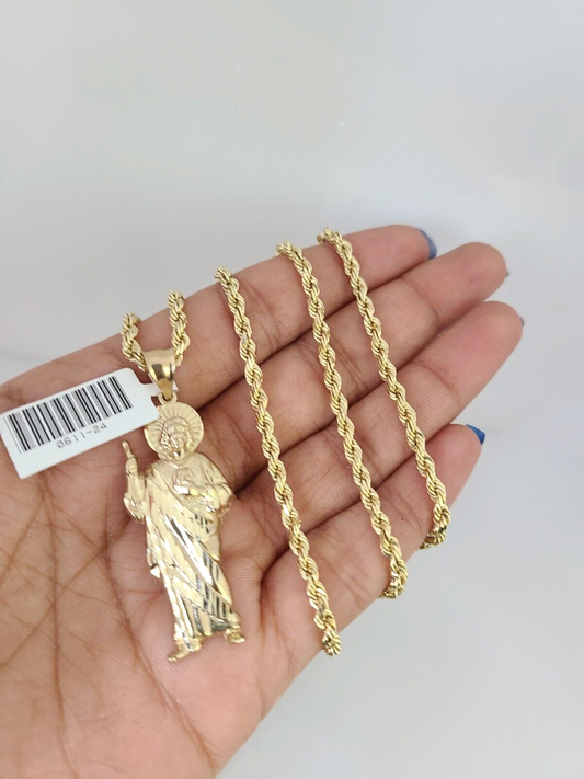 REAL 10k Solid Rope Chain Saint Jude Charm Pendant 3mm Set 18"-26" in Necklace