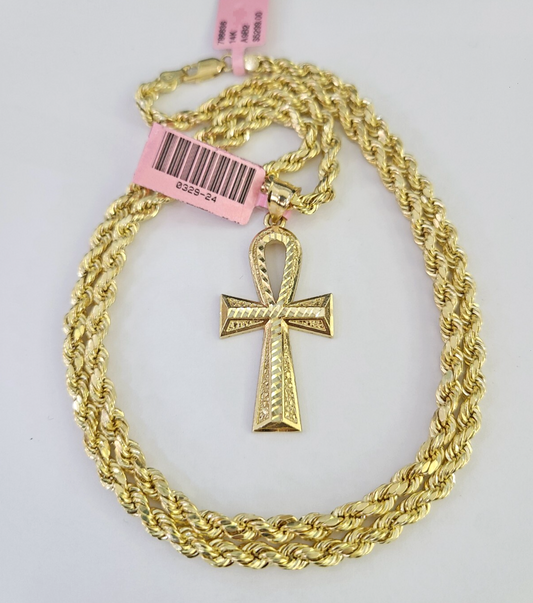 14kt Gold Rope Chain Necklace Ankh Cross Charm Pendant 20-30 Inch 4mm