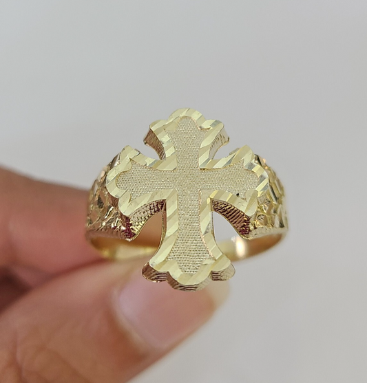 10k Jesus Cross Nugget Ring Casual Band Yellow Gold Genuine Brand New Religious