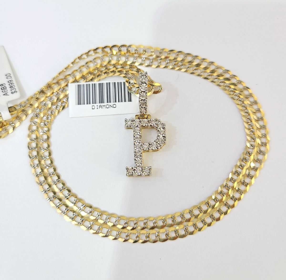 10k Gold Chain Necklace P Diamond Initial Pendant Set Cuban Curb 3mm 20"-30"