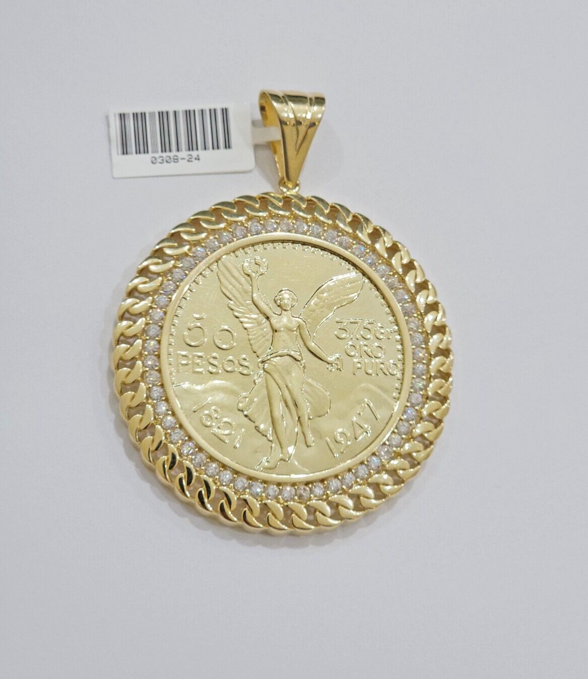 1947 Mexican Centenario Coin Charm Pendant Replica 50 pesos With Bezel 10kt Gold
