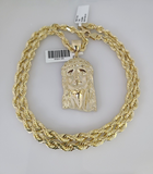 10kt Gold Solid Rope Chain Jesus Head Charm Set 18"-30'' Inch 6mm Pendant