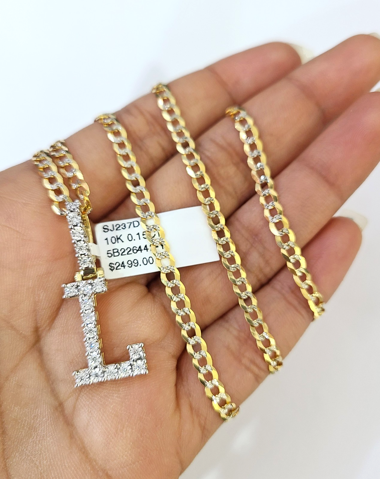 10k Gold Chain Necklace L Diamond Initial Pendant Set Cuban Curb 3mm 20"-30"