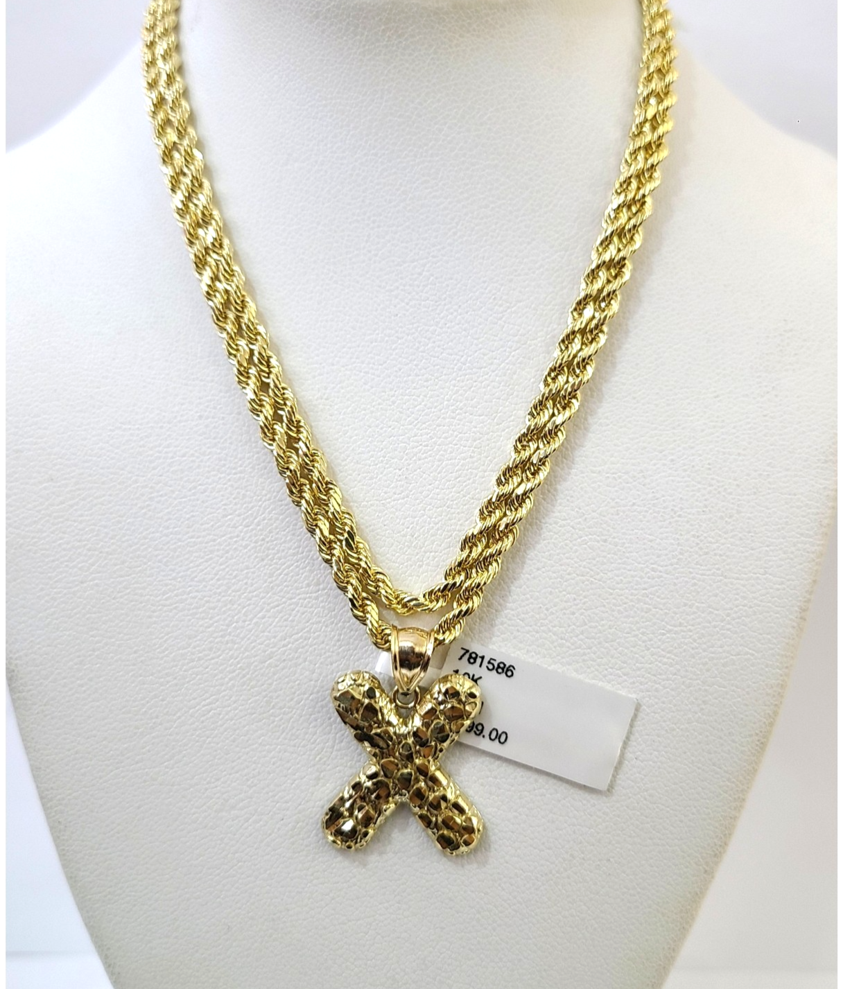 Real 10k Rope Chain X Nugget Initial Charm 3mm 18"-28" Necklace Set Pendant Gold