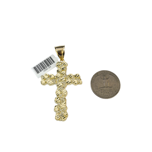 Real 10k Yellow Gold Charm Pendant Nugget Cross 2.5" Diamond Cuts 10KT