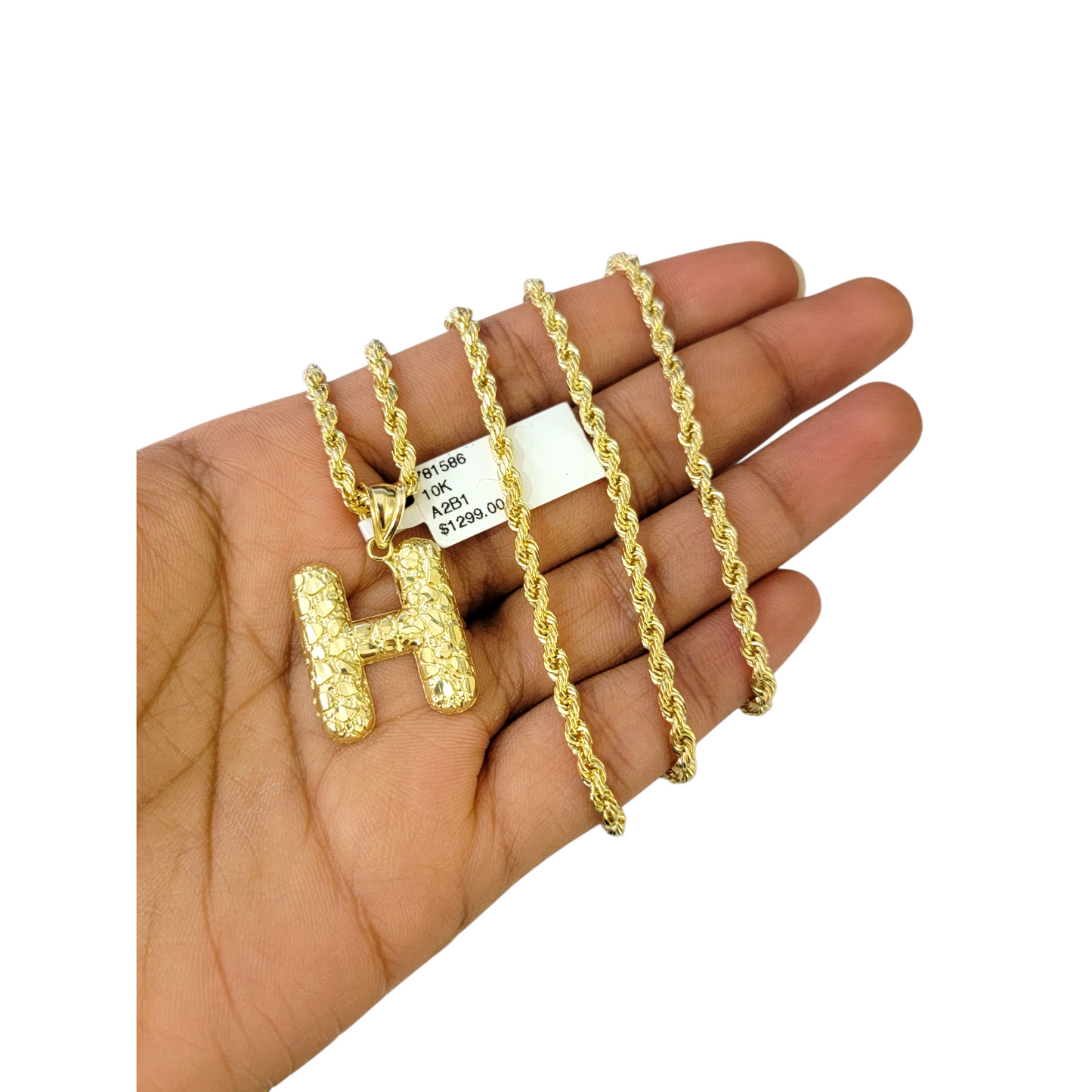 Real 10k Rope Chain 3mm 18"-28" Necklace Nugget H Initial Charm Set Pendant Gold