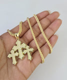 10kt Franco Chain Necklace Triple Cross Charm Pendant 3mm 18-28 Inches Gold