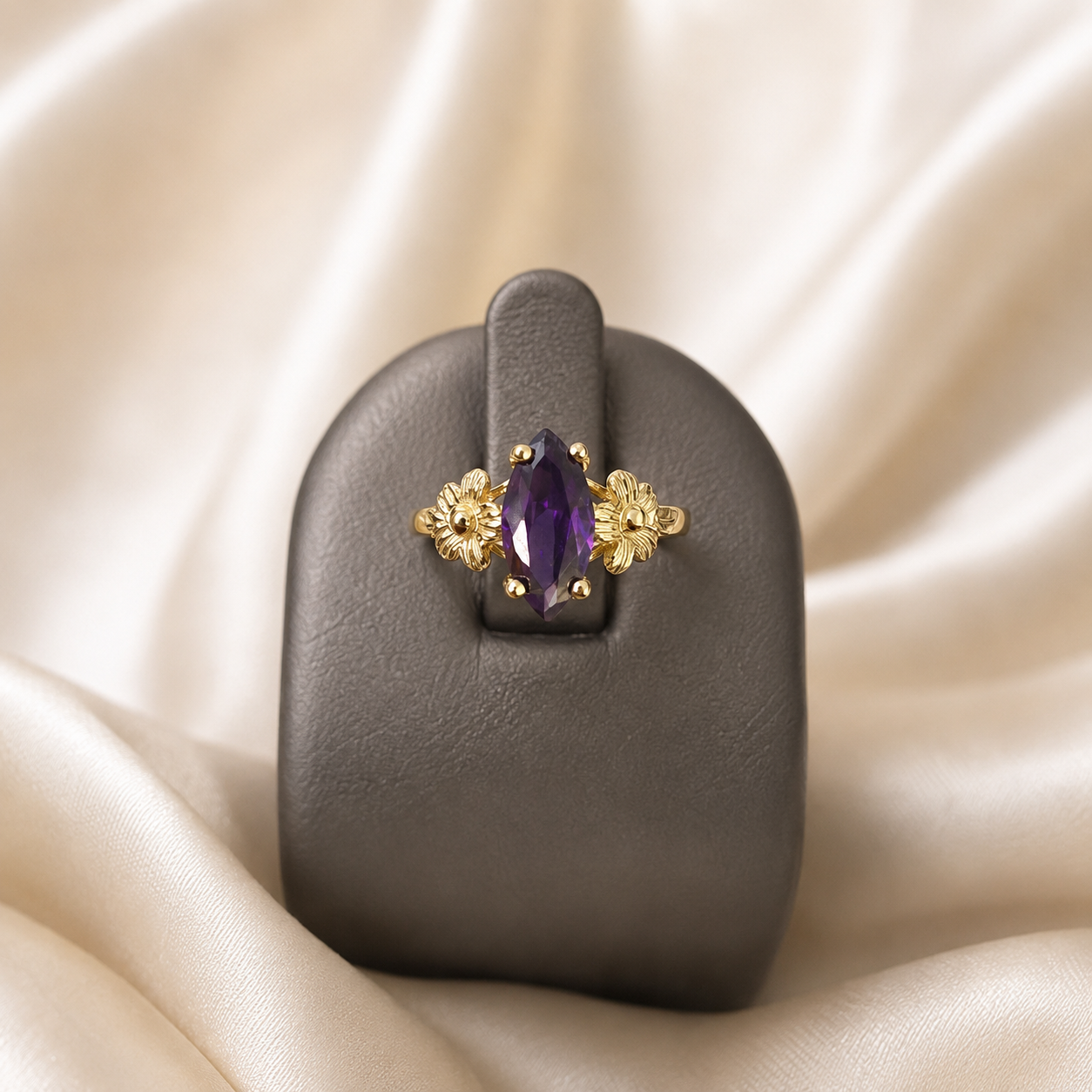 10k Gold Purple Marquise Ring CZ Flower Women Elegant Floral Statement