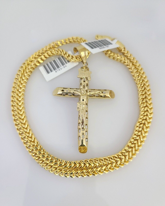 10k Yellow Gold Franco Chain INRI Cross Charm Pendant 4mm 18-28 Inches Necklace