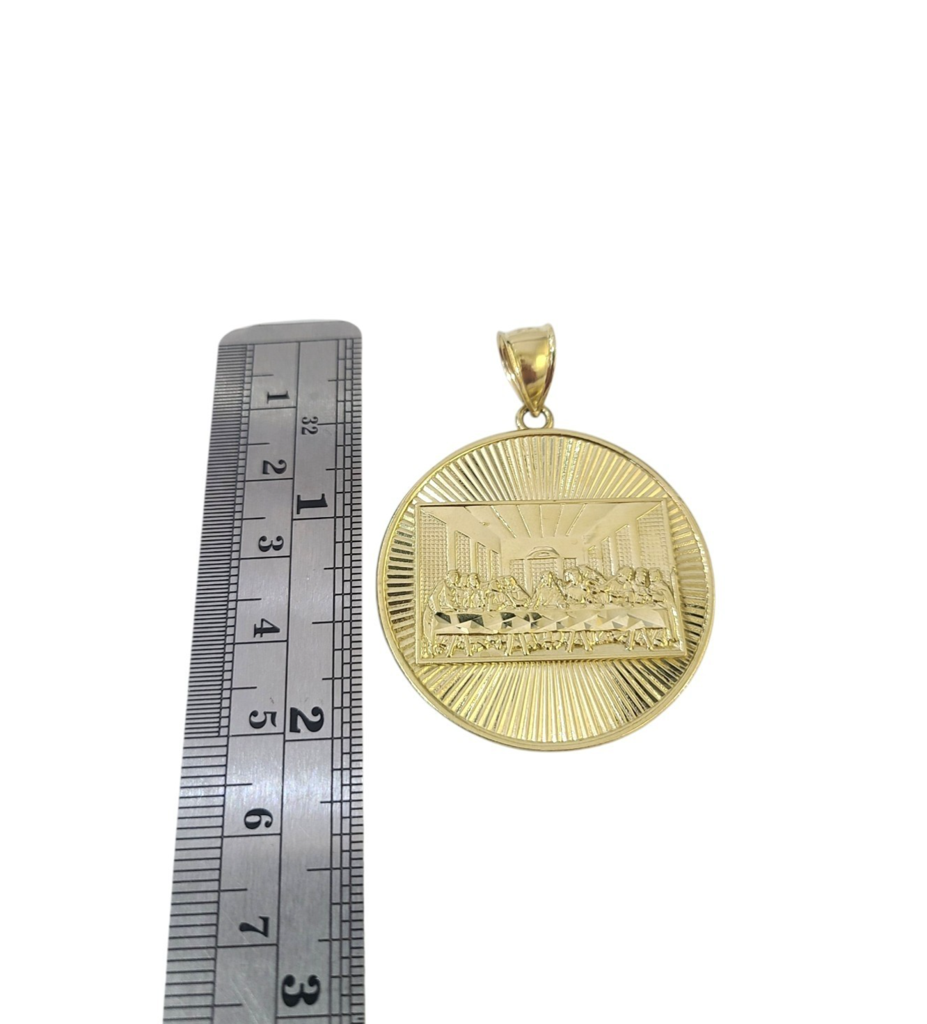 10K Yellow Gold Last Supper Pendant Charm Round Nugget Design 2 Inch