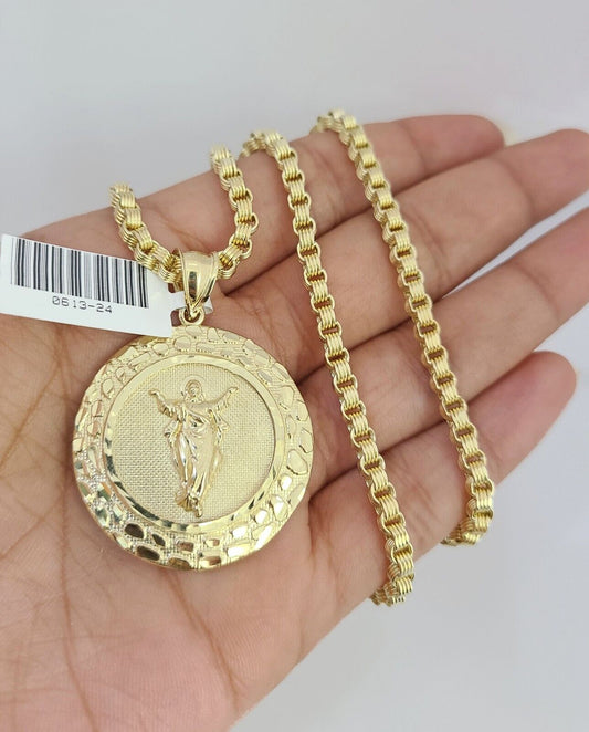 Real 10k Gold Byzantine Necklace Nugget Jesus Charm SET Chain 20-30" 3mm Pendant
