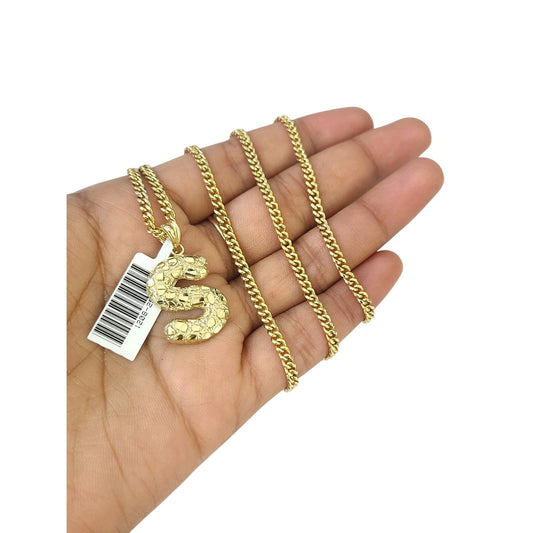 Real Gold 10k Chain S Initial Charm Miami Cuban Link 2.5mm Necklace Pendant SET