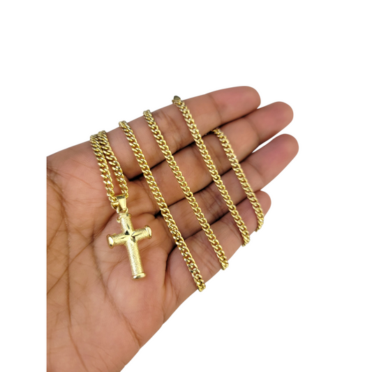 Real Gold 10k Chain Pendant SET Cross Charm Miami Cuban Link Necklace 2.5mm
