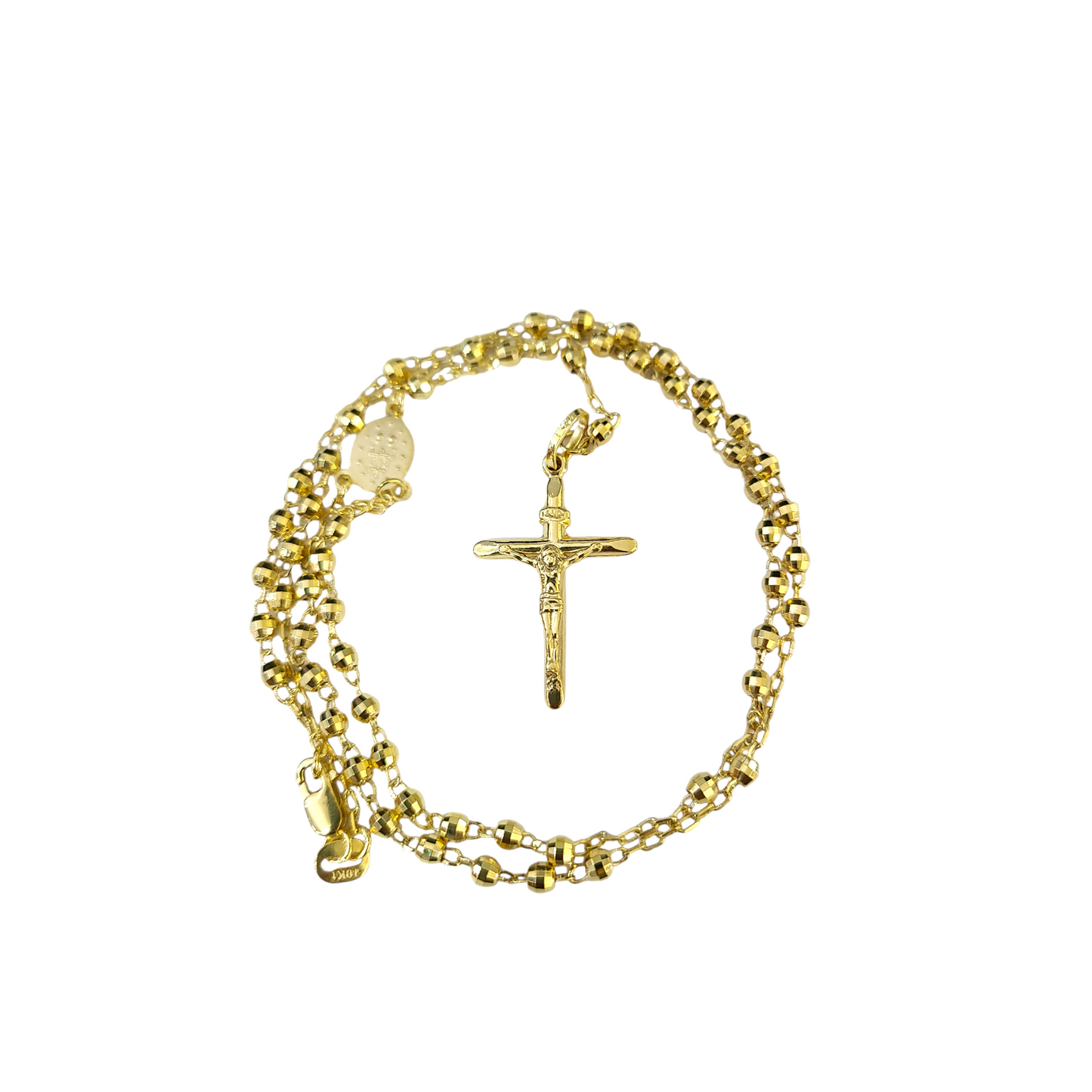 Real 10k Yellow Gold 3mm Rosary Chain 24 inch Necklace Cross Pendant